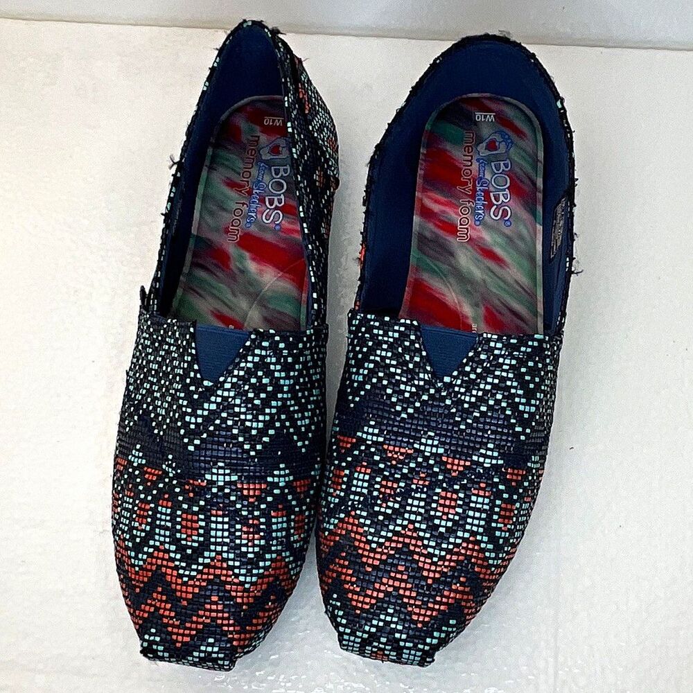 BOBS from Skechers Memory Foam Slip-On Flats Geometric Navy Multi US 10